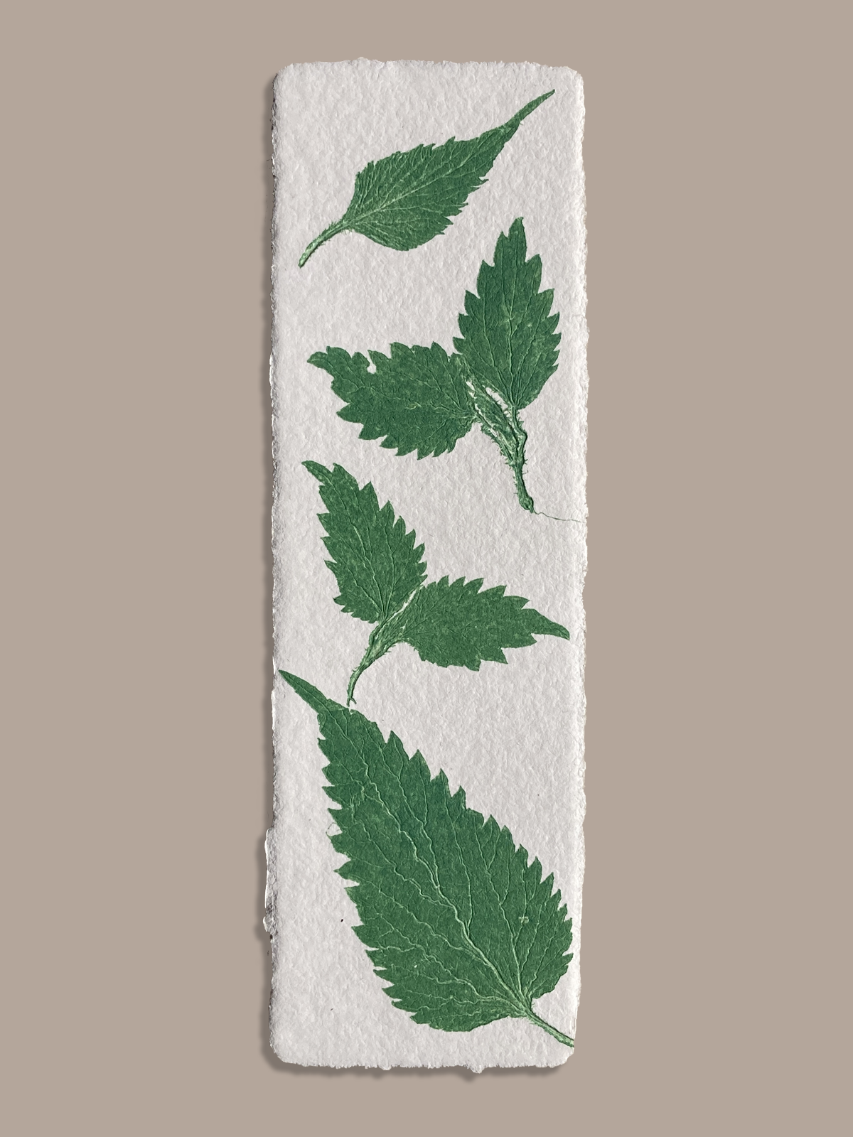 Marque-page artisanal en papier fait main avec empreinte végétale naturelle