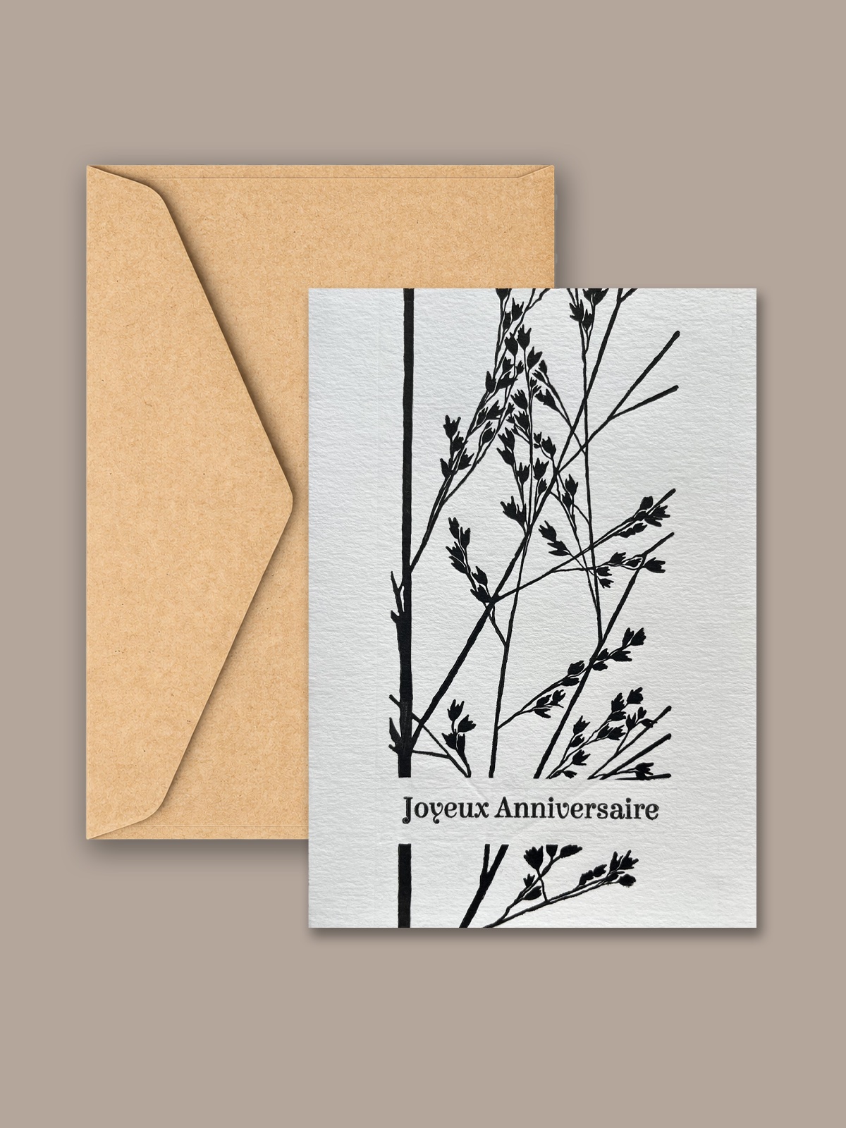 Carte botanique. Disponible avec différents messages : Joyeux anniversaire, Merci, Félicitations, Je t’aime.