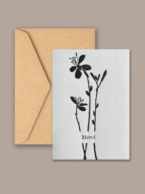 Carte botanique. Disponible avec différents messages : Joyeux anniversaire, Merci, Félicitations, Je t’aime.